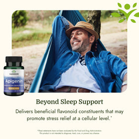 Swanson Apigénine 50 mg avec des ingrédients naturels en arrière-plan