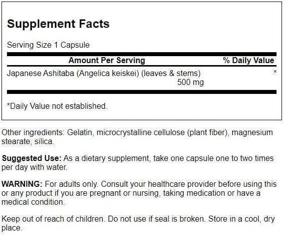 Swanson Ashitaba 500 mg Capsules, contenant et dosage sur l'étiquette