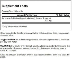 Swanson Ashitaba 500 mg Capsules, contenant et dosage sur l'étiquette