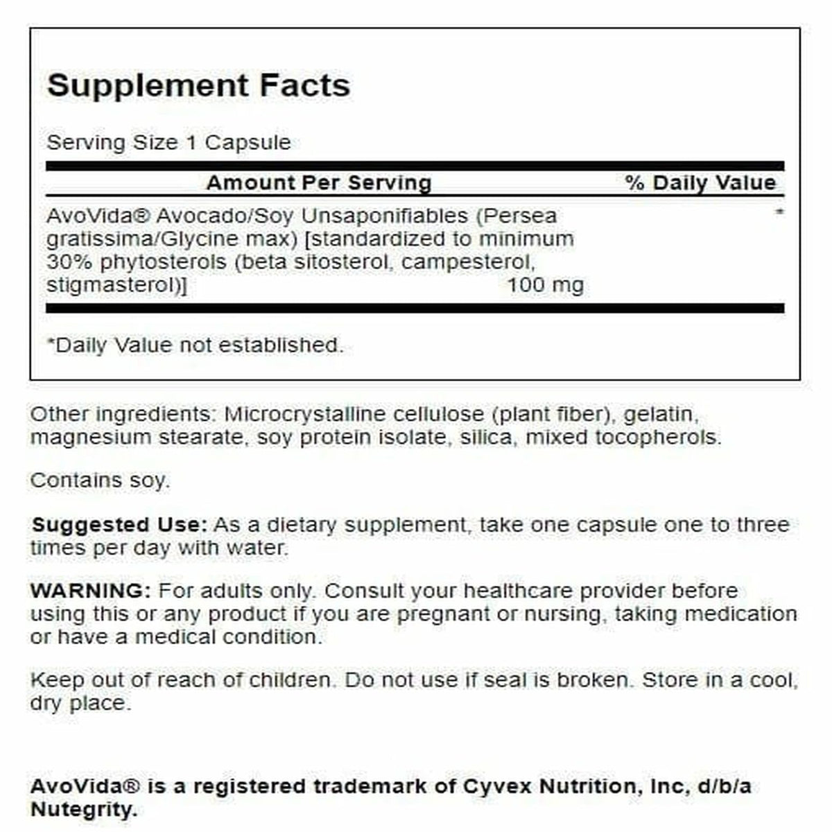 Swanson Avovida 100 mg 60 capsules étiquette et ingrédients