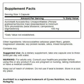 Swanson Avovida 100 mg 60 capsules étiquette et ingrédients
