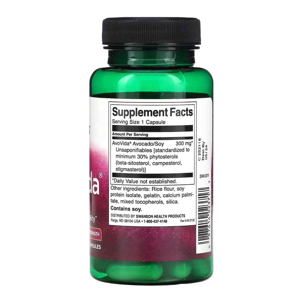 Swanson AvoVida 300 mg 60 capsules, vue arrière de l'emballage