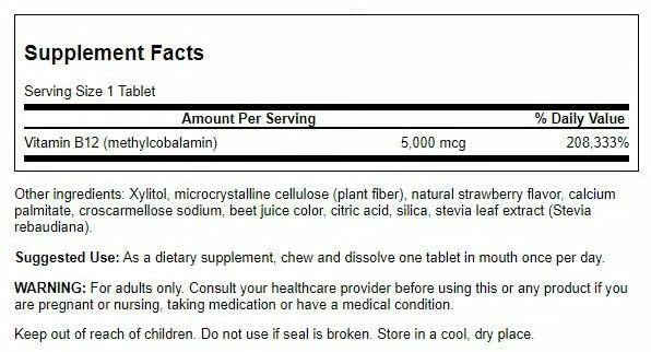 Swanson B-12 Methylcobalamine 5000 mcg comprimés vue de côté