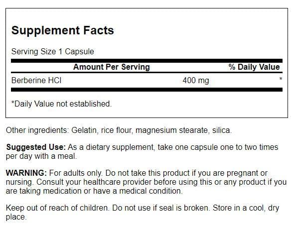 Swanson Berberine HCl 400 mg vue de côté avec étiquette