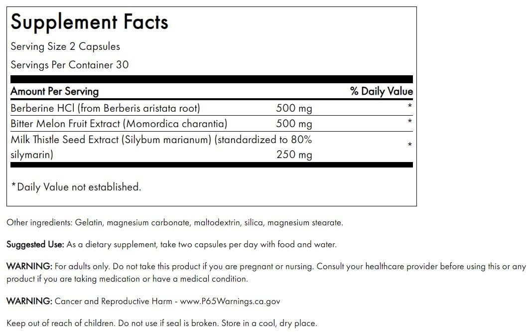Swanson Berberine Plus 60 Capsules côté avec ingrédients