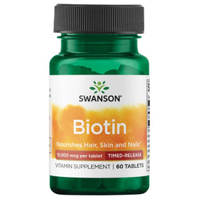 Swanson Biotine 10 000 mcg comprimés de face avec emballage