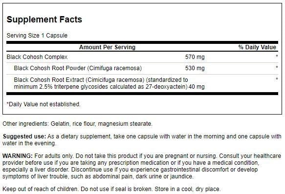 Swanson Black Cohosh 120 Capsules avec étiquette détaillée