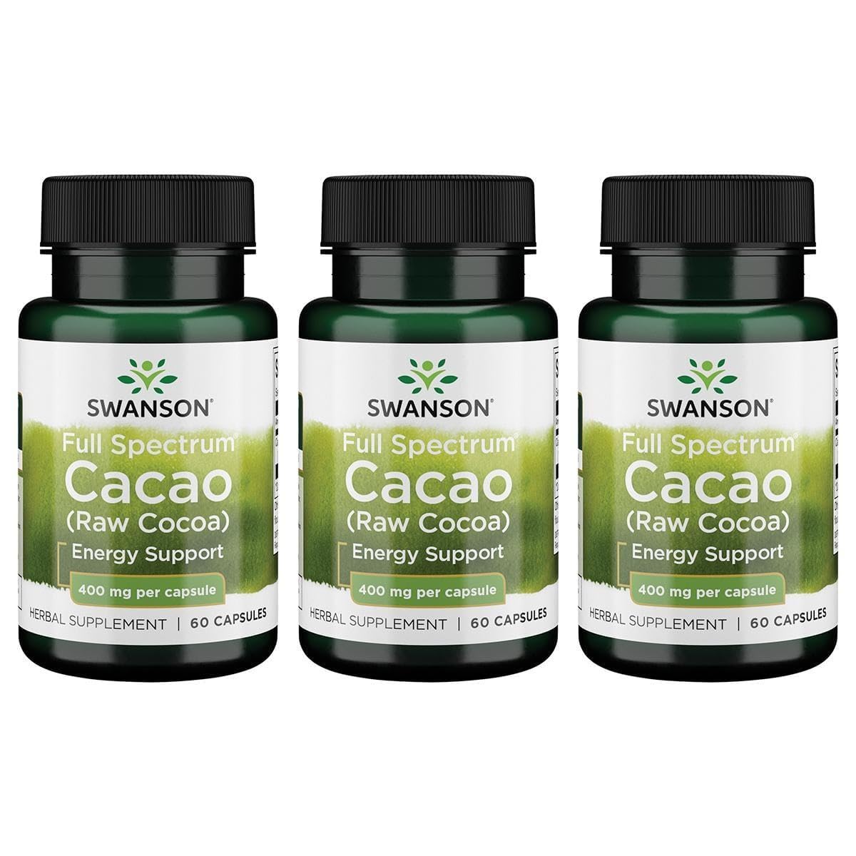 Swanson Cacao Entier 400mg, capsule vue de face dans son emballage