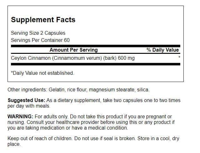 Swanson Cannelle Vraie 300 mg 120 capsules vue arrière