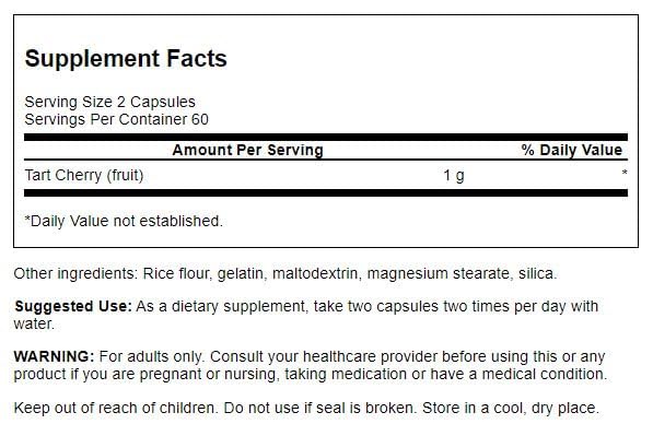 Swanson Cerise Acidulée 500 mg, détails des capsules