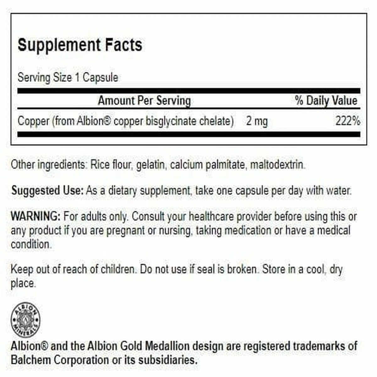 Swanson Chelated Copper 2 mg capsules en vue de près
