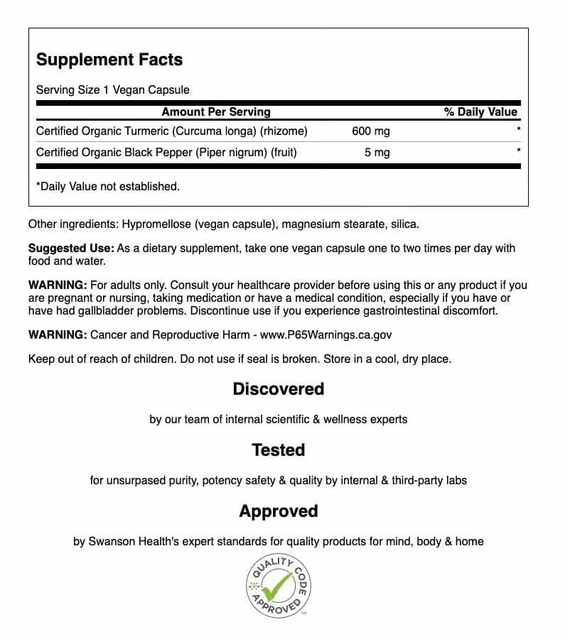 Swanson Complément Alimentaire Curcuma & Poivre Noir - Bouteille arrière