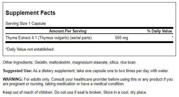 Swanson Complément Alimentaire Feuille de Thym 500 mg, gélule ouverte montrant la poudre