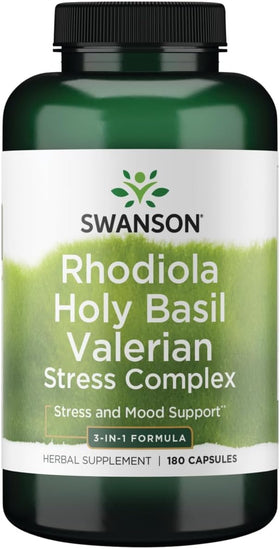 Swanson Complex Rhodiola Basilic Sacré Valériane 180 gélules vue avant