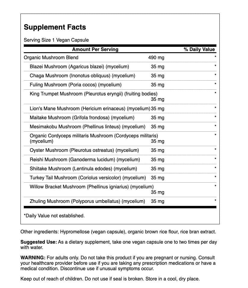 Swanson Complexe de 14 Champignons 60 Capsules Végétalien vue arrière