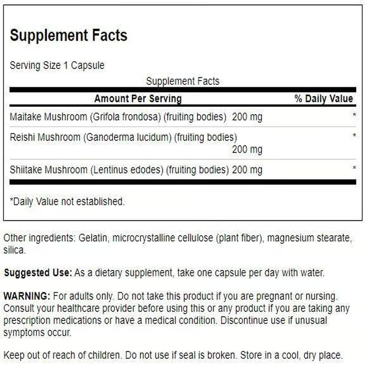 Swanson Complexe de Champignons Triples 60 Capsules arrière avec ingrédients