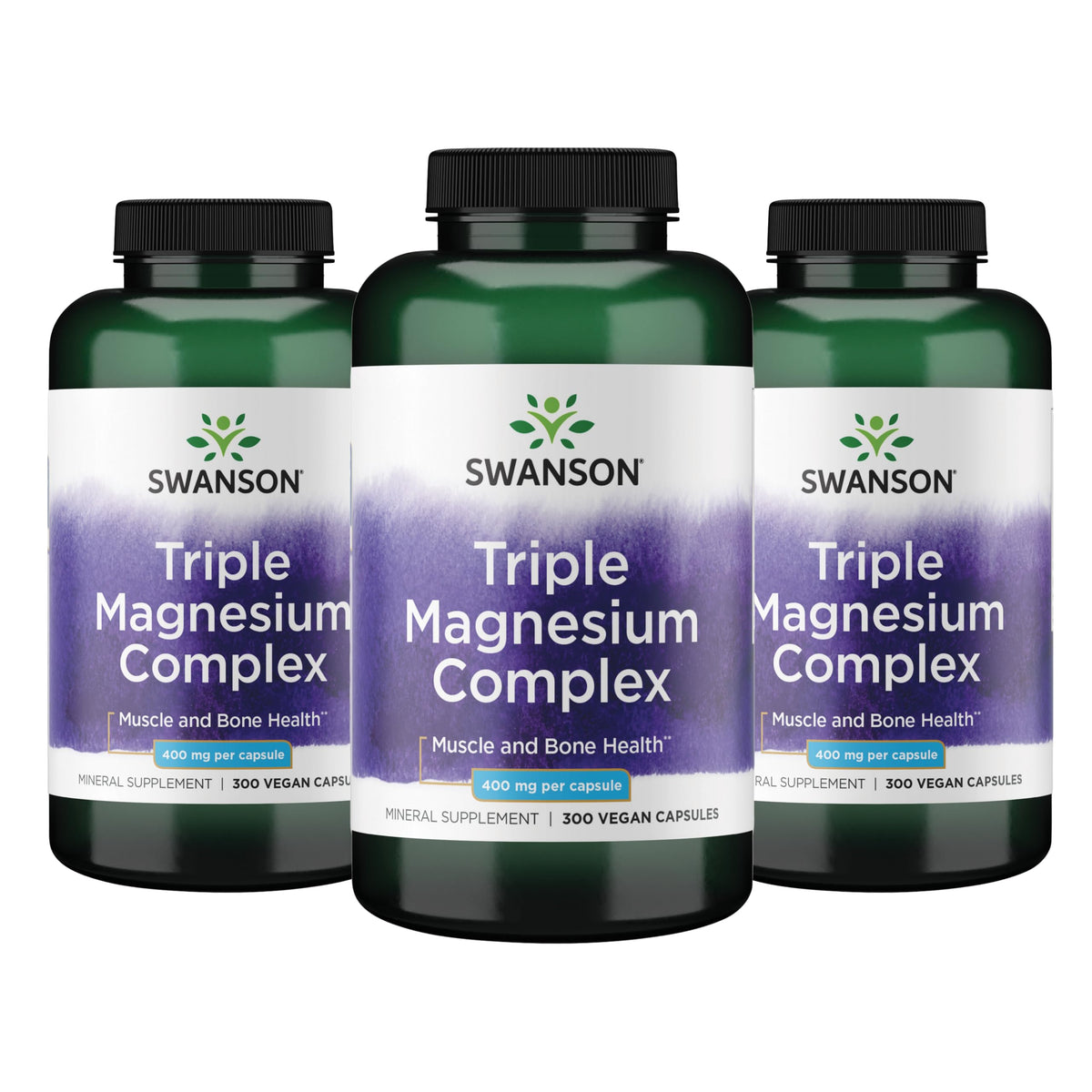 Swanson complexe de magnésium triple 400 mg vue avant avec capsules végétales