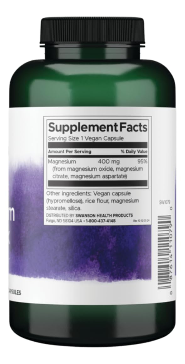 Swanson Complexe de Magnésium Triples 400 mg, capsules végétaliennes à l'intérieur