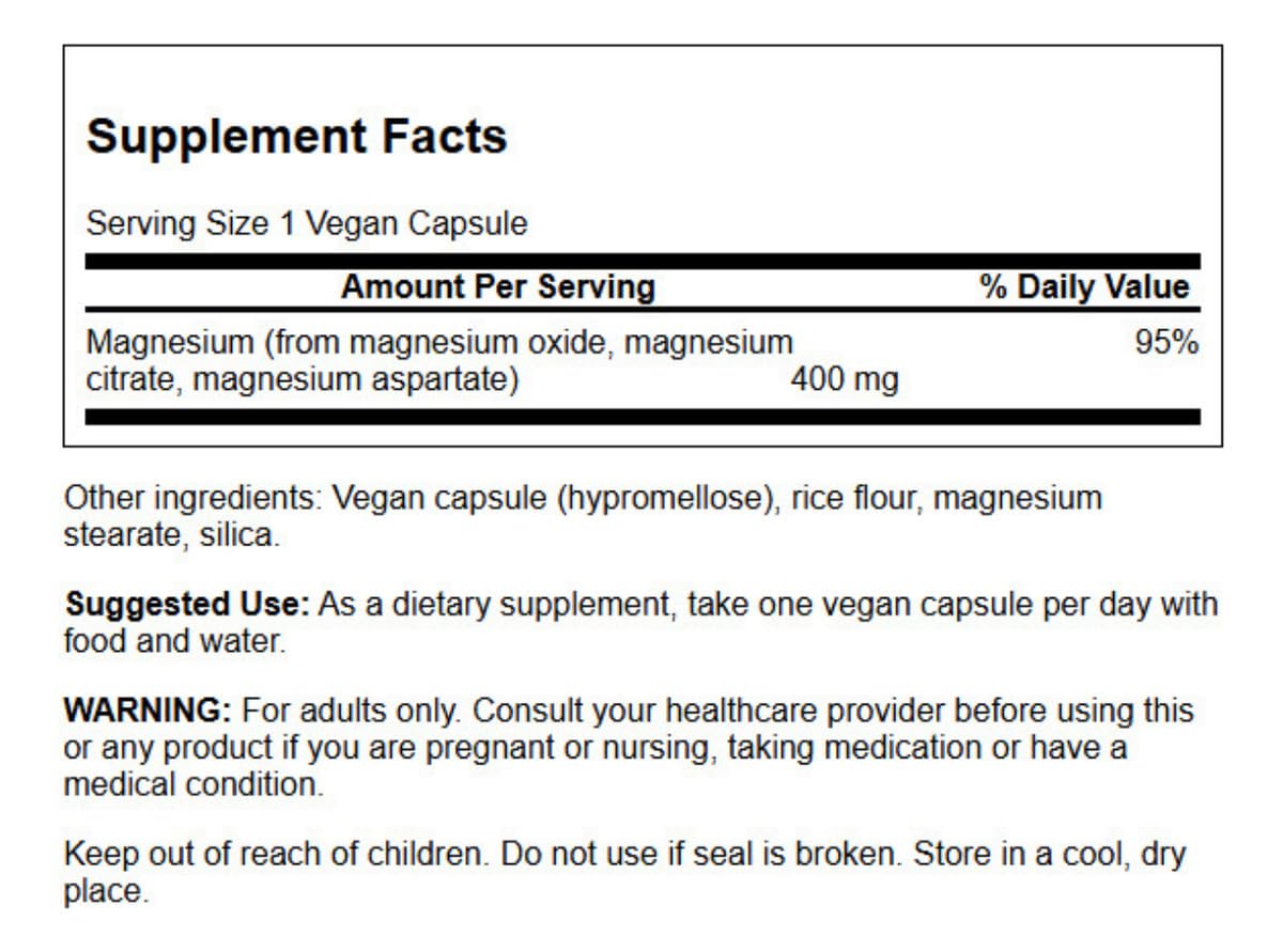 Swanson Complexe de Magnésium Triples 400 mg, étiquette des ingrédients