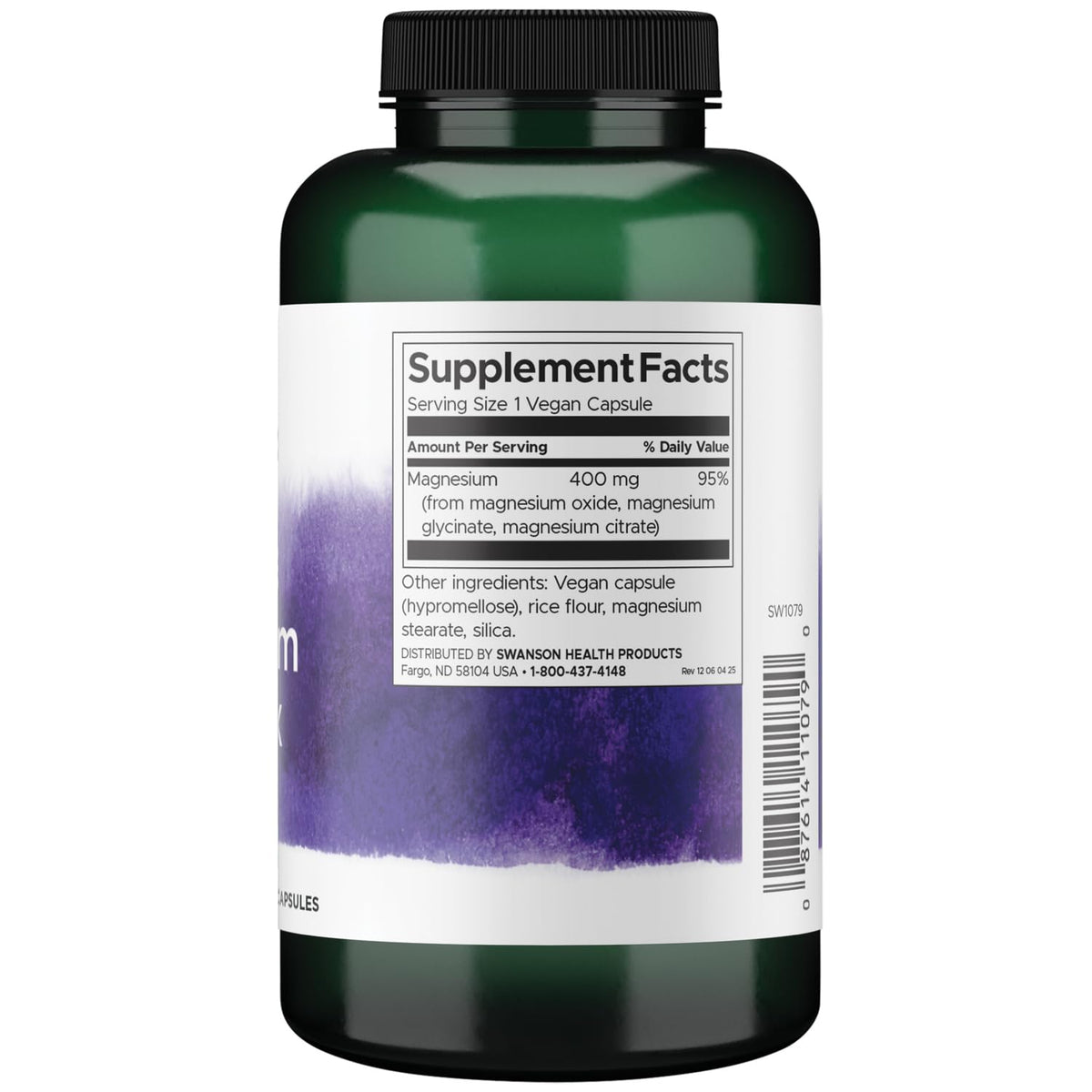 Swanson Complexe de Magnésium Triples 400 mg, vue de côté de l'emballage