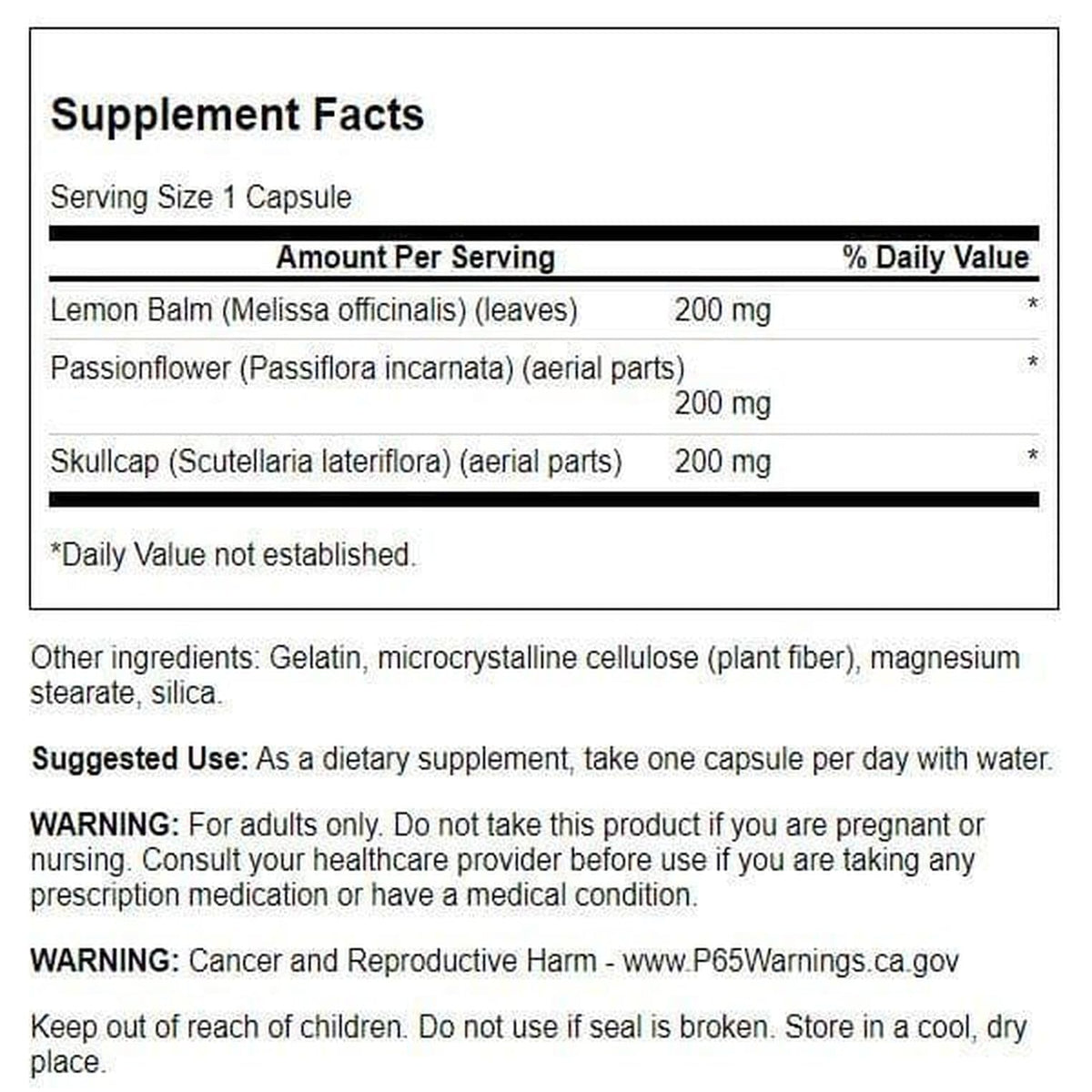 Swanson complexe de mélisse et fleurs de bach 180 capsules côté