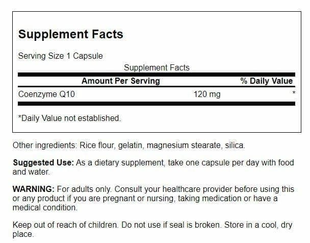 Swanson CoQ10 120mg 100 Capsules vue arrière avec informations nutritionnelles
