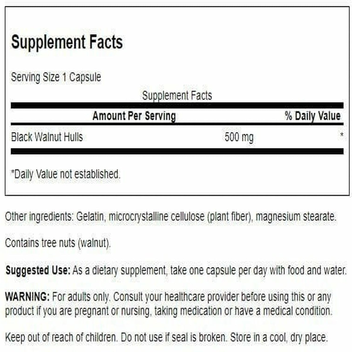Swanson Coques de Noix Noires 500 mg 60 Capsules arrière