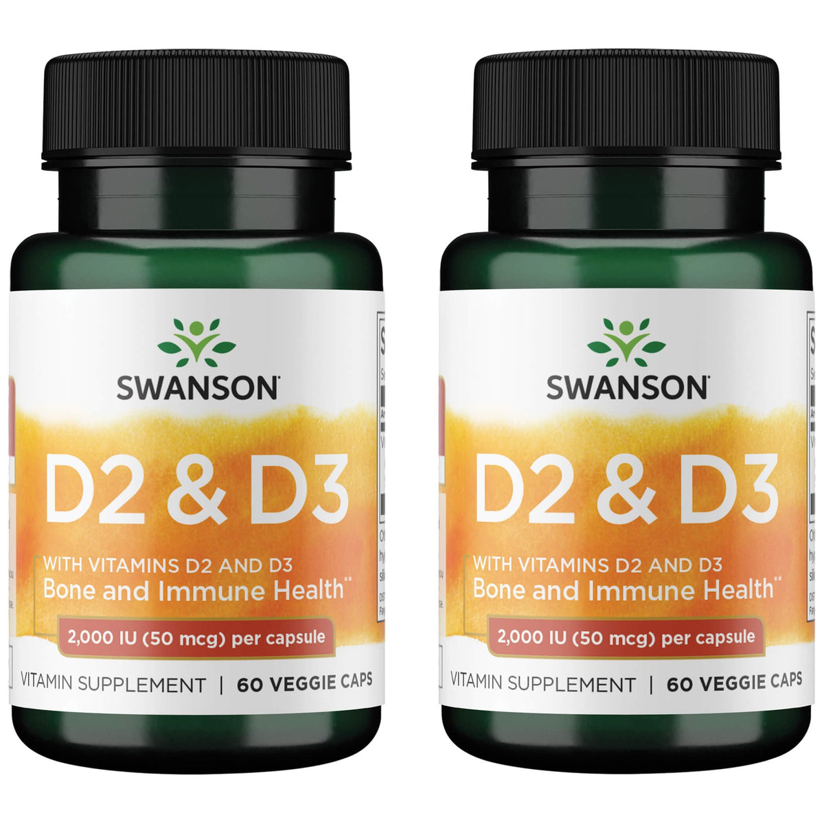 Swanson D2 et D3 60 capsules végétales vue de face