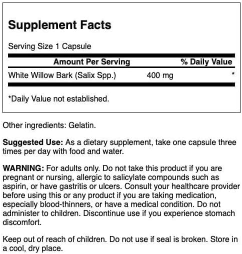 Swanson Écorce de Saule Blanc 400 mg 90 Capsules - vue de dos