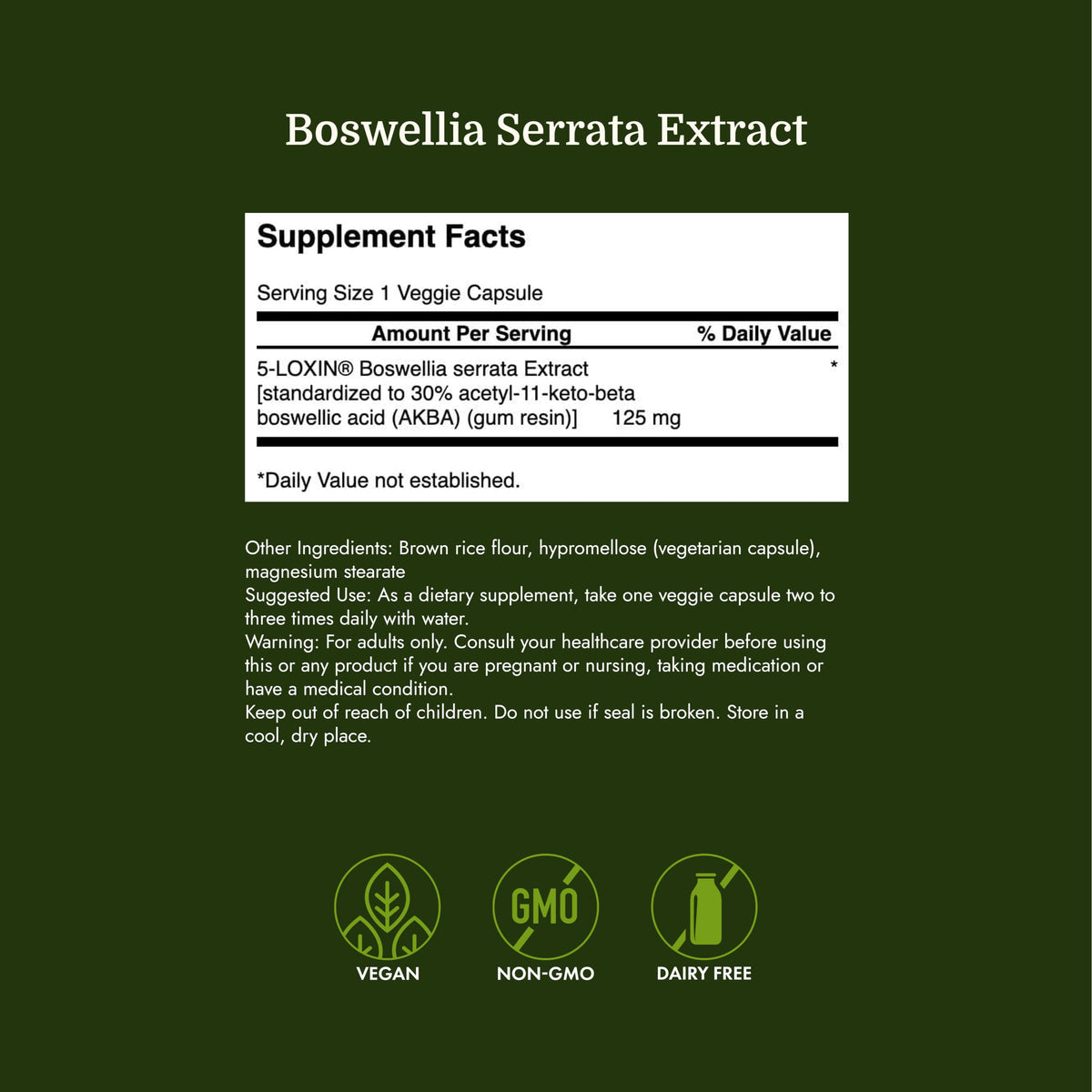 Swanson Extrait de Boswellia Serrata 125 mg, vue de côté des capsules
