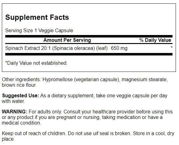 Swanson Extrait de Feuille d'Épinard 650 mg emballage et informations