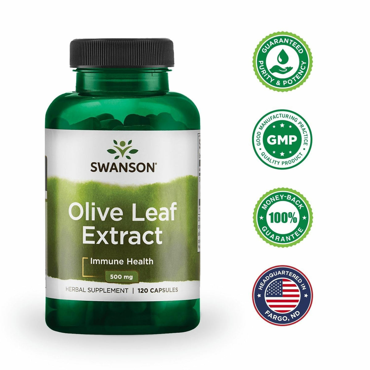 Swanson Extrait de Feuille d'Olivier 500 mg 120 Caps - capsules à l'intérieur