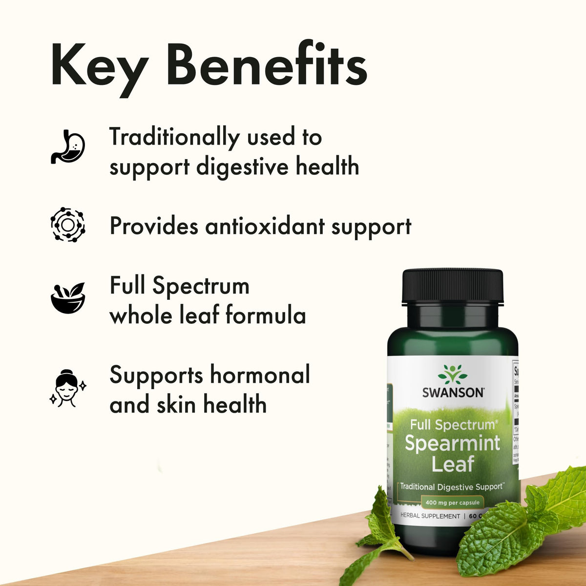 Swanson Feuille de Menthe Verte, capsules avec verre d'eau