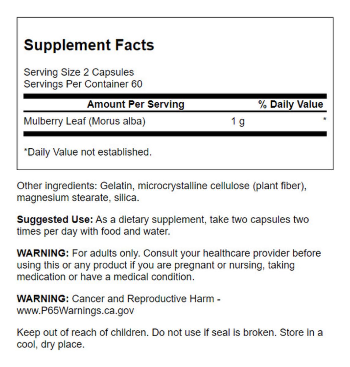 Swanson Feuille de Mûrier 500 mg, capsules à l'intérieur du flacon