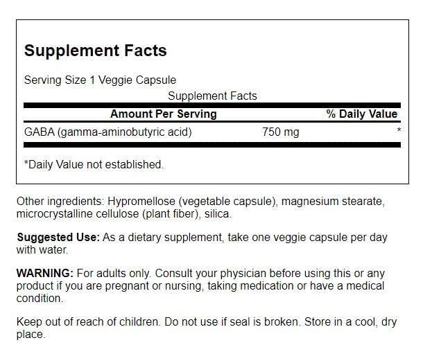 Swanson GABA 750 mg boîte avec détails de composition