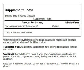Swanson GABA 750 mg boîte avec détails de composition