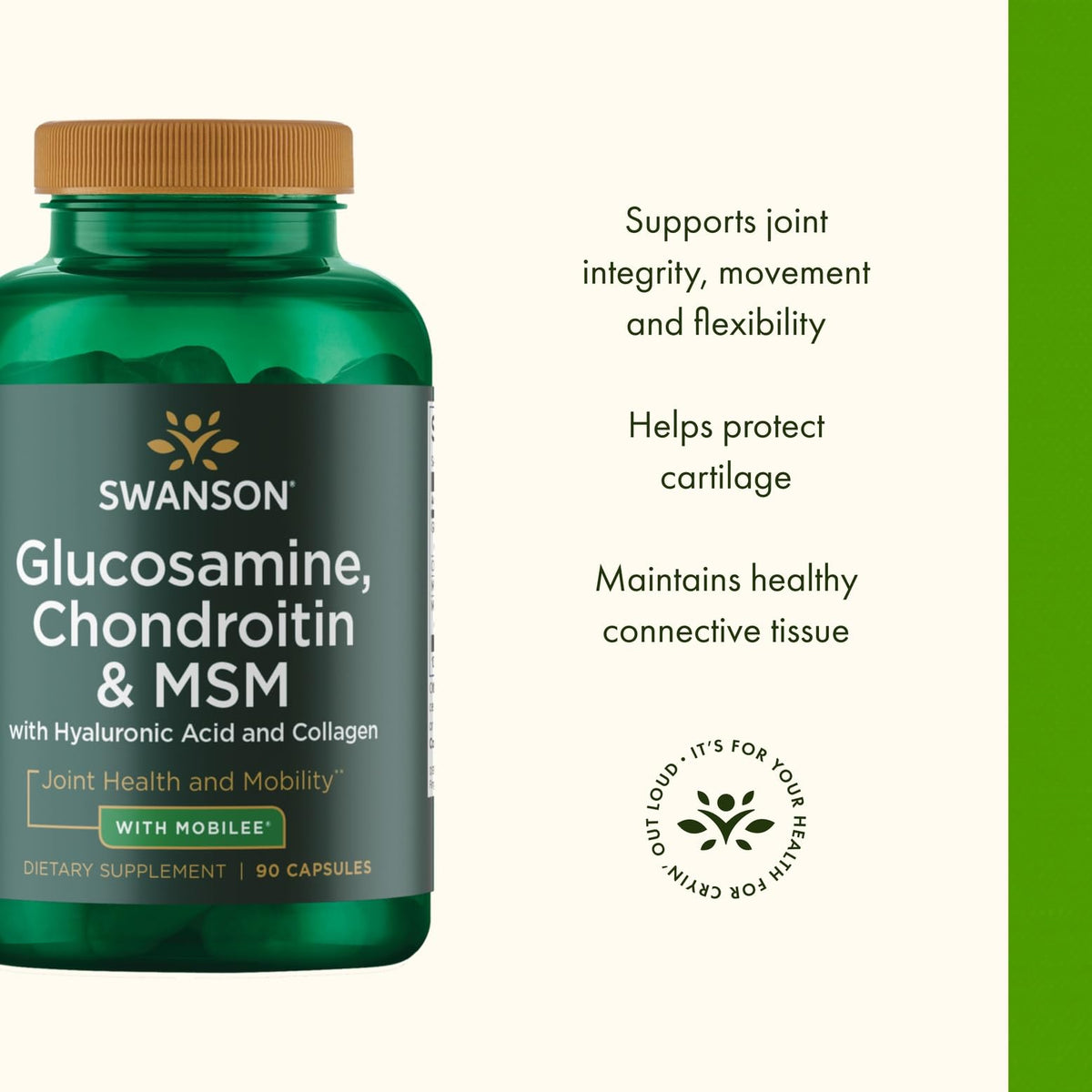 Swanson Glucosamine Chondroitin MSM 90 Capsules à côté d'un verre d'eau