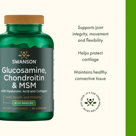 Swanson Glucosamine Chondroitin MSM 90 Capsules à côté d'un verre d'eau