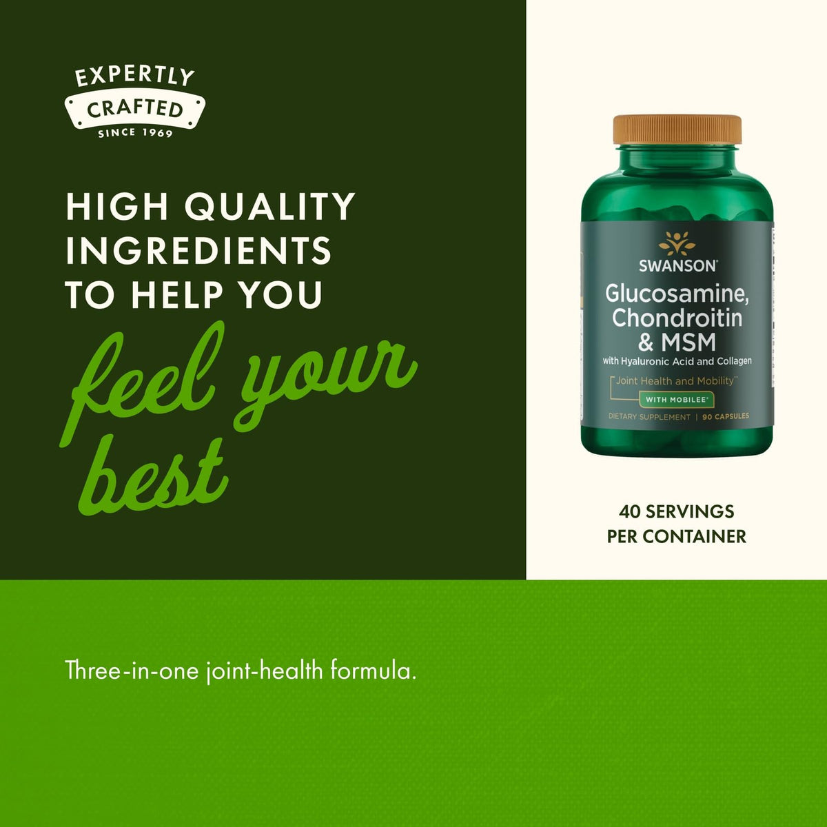 Swanson Glucosamine Chondroitin MSM 90 Capsules sur une table en bois