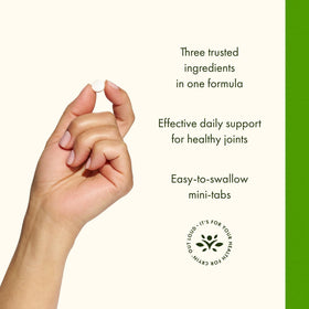 Swanson Glucosamine, Chondroitin & MSM Mini-Tablets on a wooden table