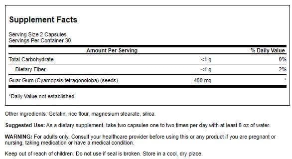 Swanson Guar Gum 400 mg capsules, vue de l'arrière de l'emballage