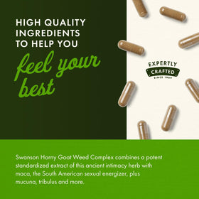Swanson Horny Goat Weed capsules à côté d'un verre d'eau
