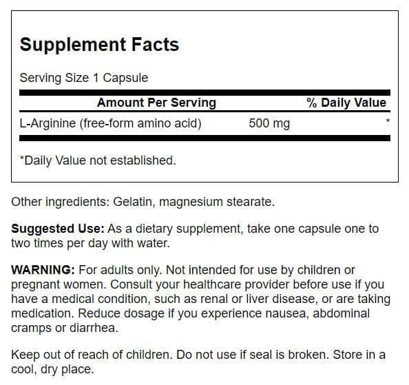 Swanson L-Arginine 500 mg Capsules vue de côté