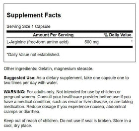 Swanson L-Arginine 500 mg Capsules vue de côté