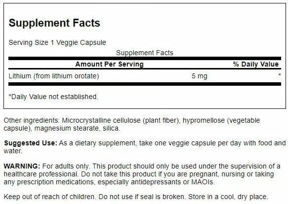 Swanson Lithium Orotate capsules, vue de côté avec étiquette visible