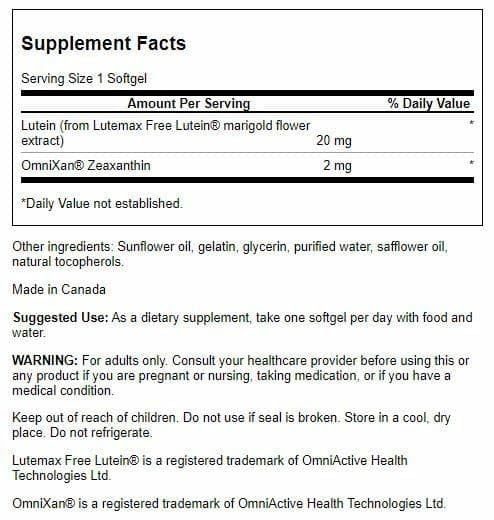 Swanson Lutein & Zeaxanthin 60 gélules arrière avec ingrédients