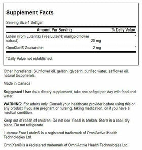 Swanson Lutein & Zeaxanthin 60 gélules arrière avec ingrédients
