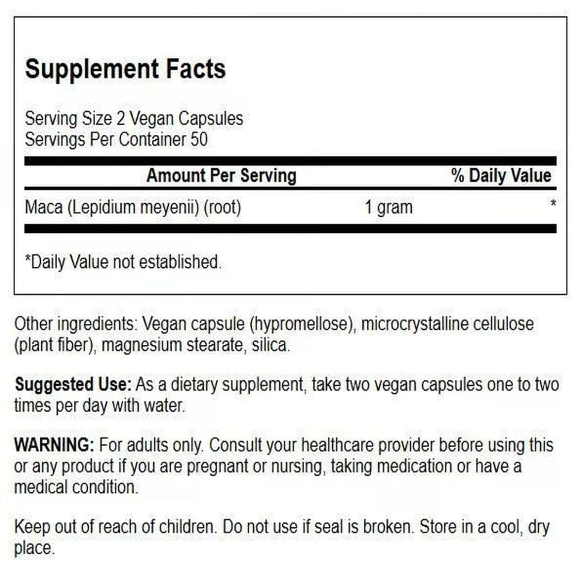 Swanson Maca 500 mg 100 capsules vue de côté