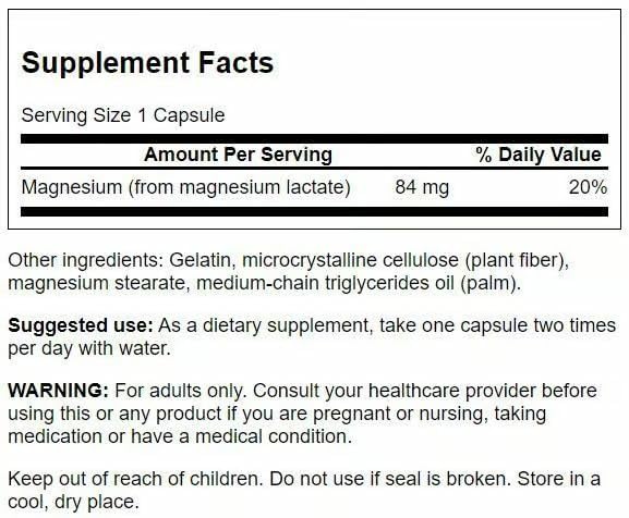 Swanson Magnésium Lactate 120 capsules, vue arrière