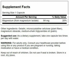 Swanson Magnésium Lactate 120 capsules, vue arrière